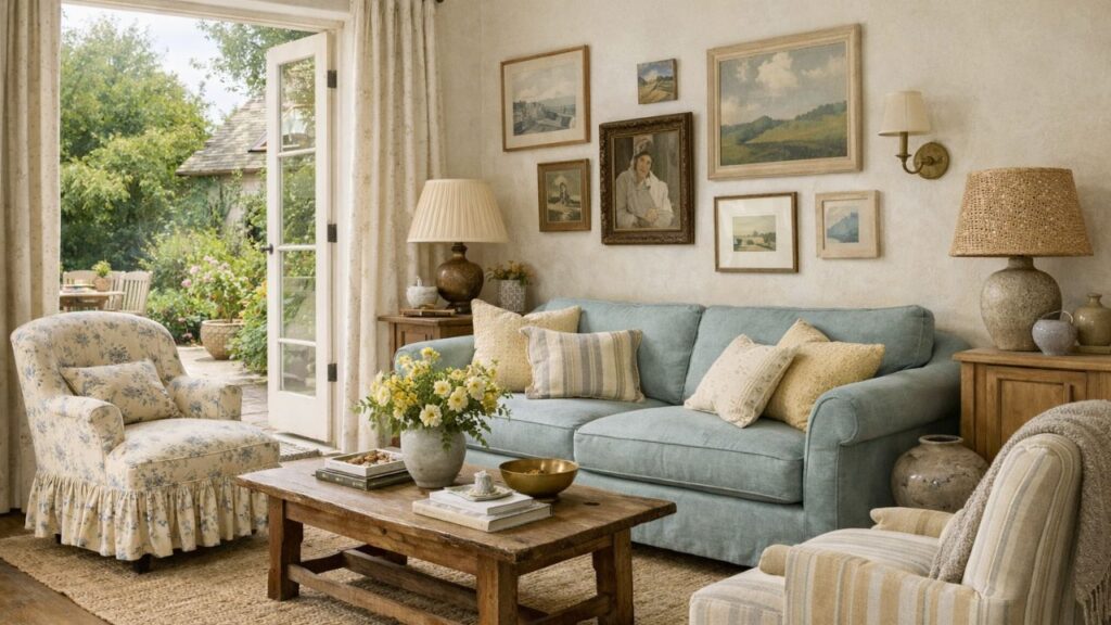 Soft English cottage living room in muted blue and warm neutrals, layered with vintage art, florals, natural textures, and quiet luxury calm elegance.