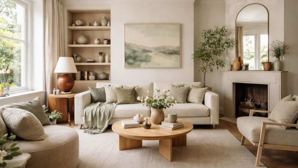 Bright Scandinavian living room with sage green accents, cream sofa, light oak furniture, open shelving with ceramics, and natural light creating a calm minimalist interior.