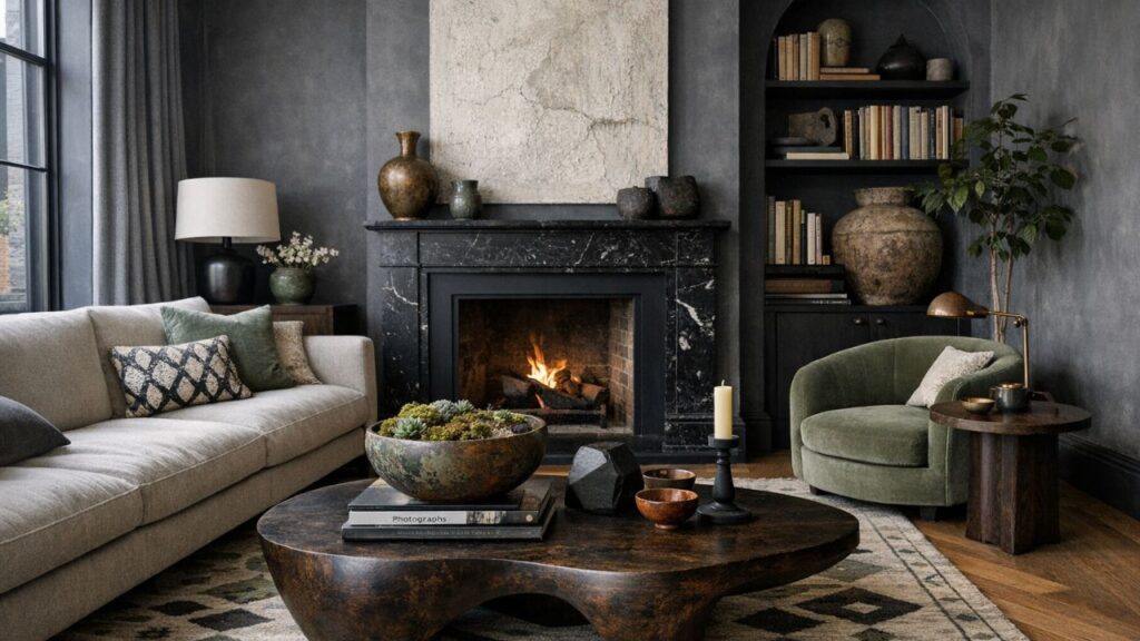 Moody sage green living room with charcoal walls, walnut coffee table, cream sofa, and green armchair around a modern fireplace with dark built-in shelves.