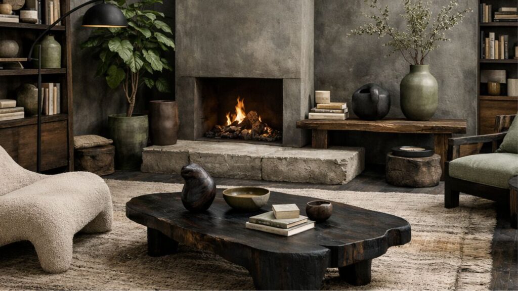 Sage green Wabi Sabi living room with natural textures, wooden furniture, and earthy palette reflecting calming interior design trends for modern homes.