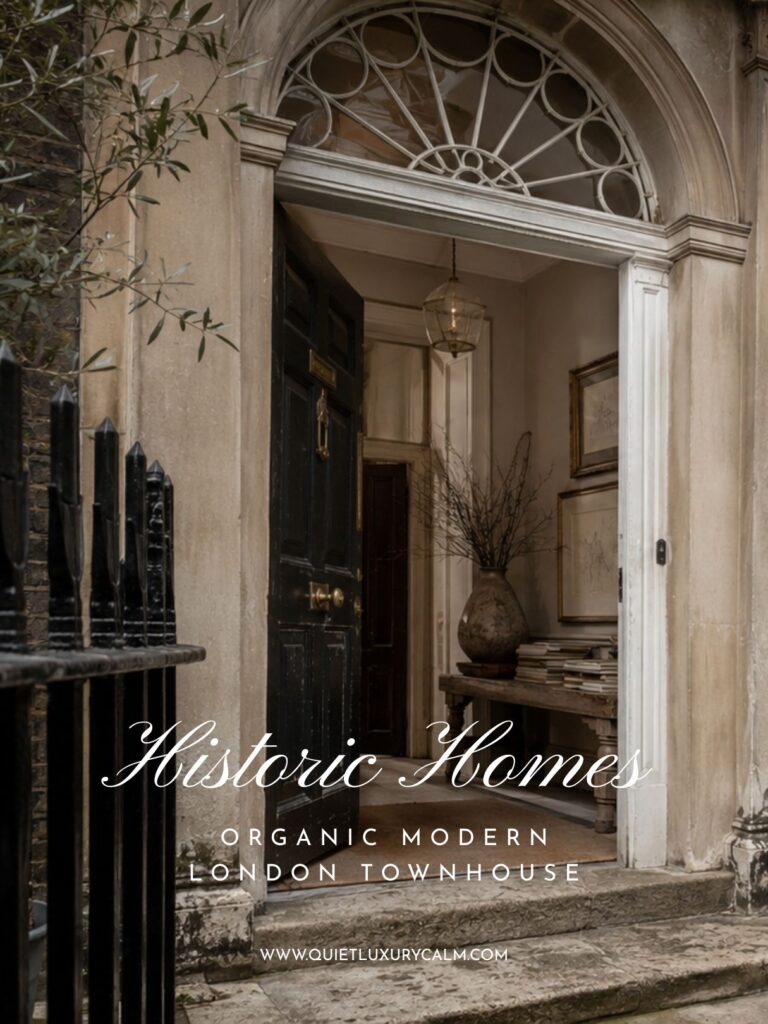 Organic Modern London townhouse entrance with an elegant arched doorway, original fanlight, black front door, stone facade, and timeless historic architecture.
