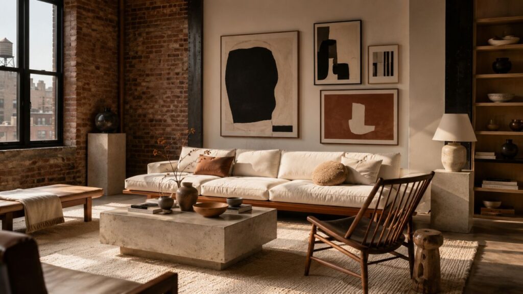 Mid century modern house with quiet luxury interiors featuring exposed brick walls, neutral furniture, abstract art, warm wood tones, and natural textures.