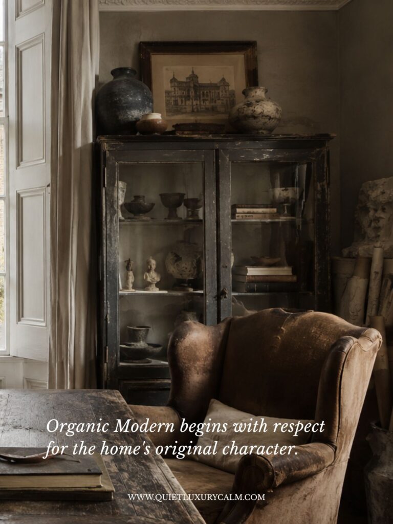 Organic Modern reading nook in a historic London townhouse featuring a vintage leather wingback chair, antique display cabinet, curated decor, and warm natural light.
