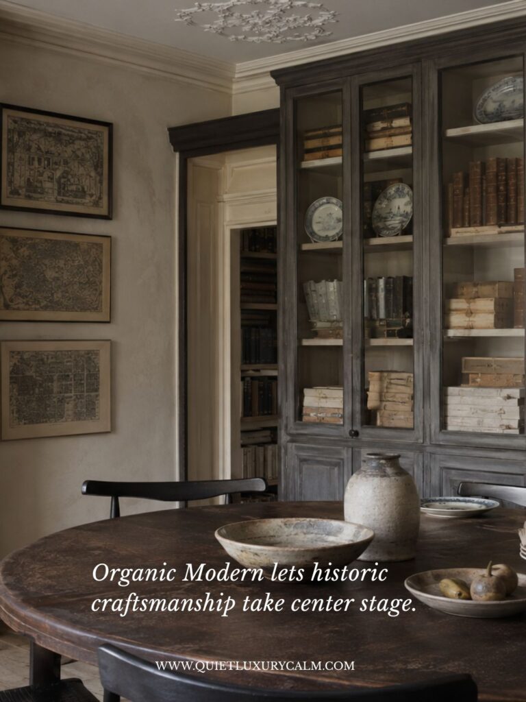 Organic Modern dining room in a historic London townhouse with antique bookcase, rustic wood table, vintage maps, curated decor, and warm natural light.