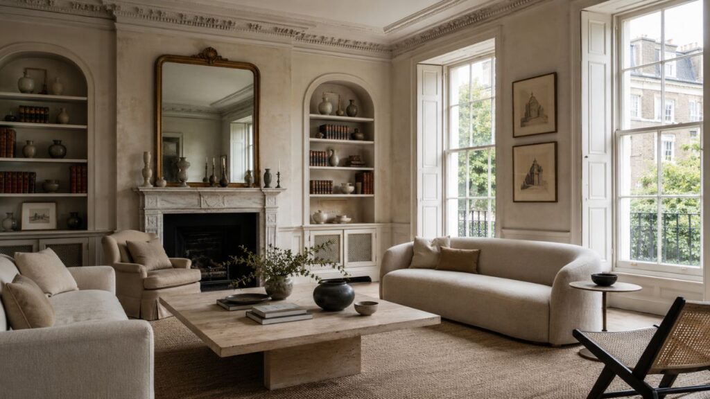 Organic Modern historic living room with marble fireplace, curved sofa, built-in bookshelves, warm neutral tones, and tall period windows filled with natural light.