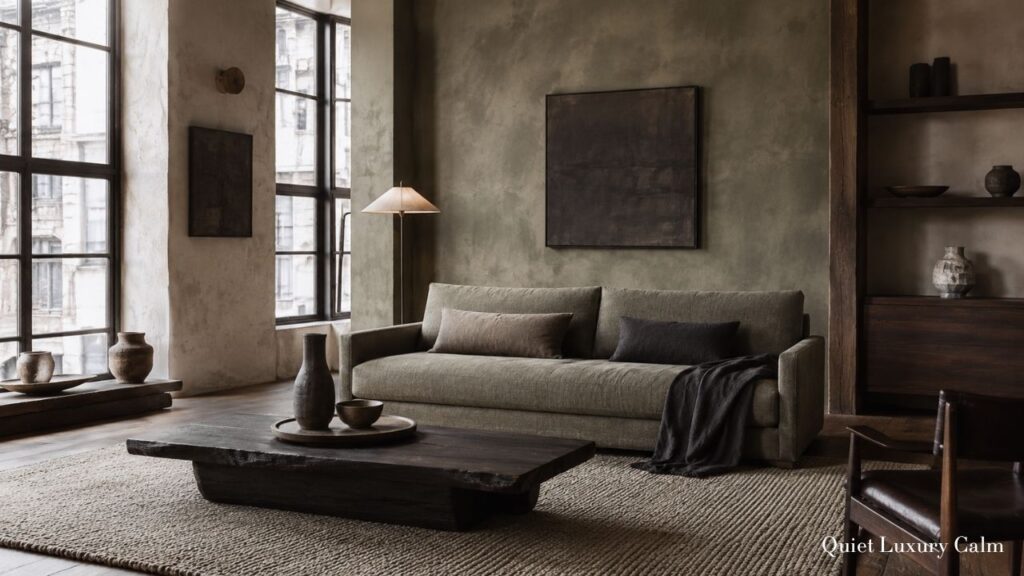 Wabi sabi living room with quiet luxury sofa, plaster walls, dark wood coffee table, warm pendant light, and calm neutral tones.