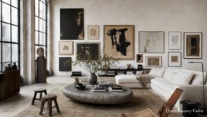 7 principles of wabi sabi showcased in a serene Japanese-inspired living room with natural materials, asymmetrical gallery wall, stone coffee table, and linen sofa.