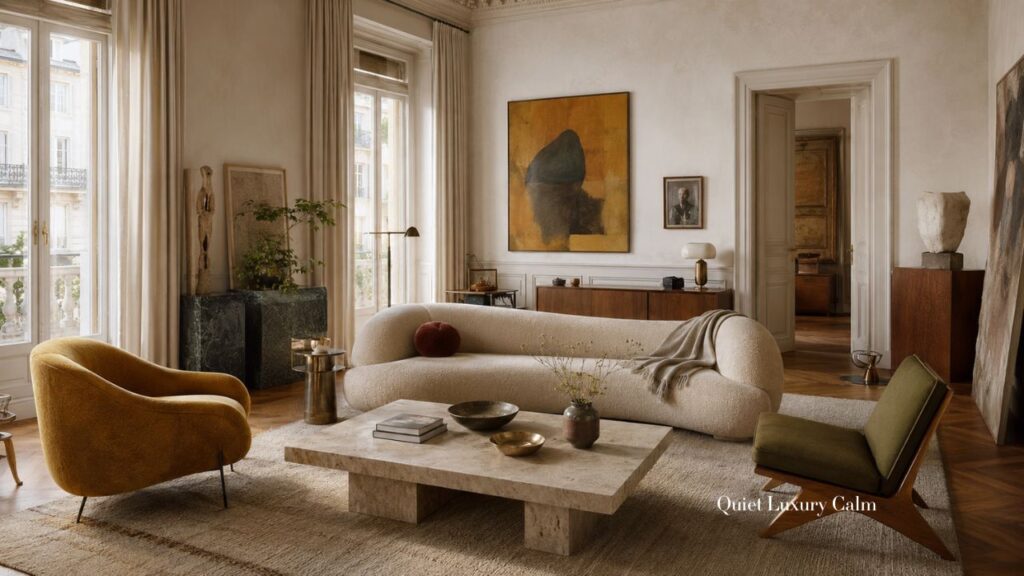 Organic modern Milan living room with sculptural furniture, warm ochre and olive tones, natural stone, layered art, and refined quiet luxury details.