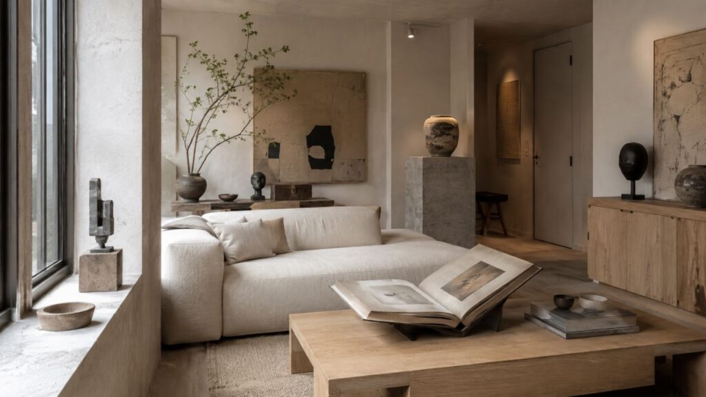 Warm white dining room with a sculptural dark wood table, upholstered chairs, built-in shelving, and softly lit framed artwork.