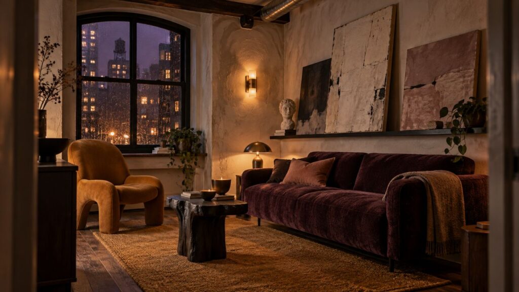 Wabi sabi small space in a New York apartment at night, with a plum velvet sofa, ochre chair, plaster walls, warm sconce light, and rain on the city window.