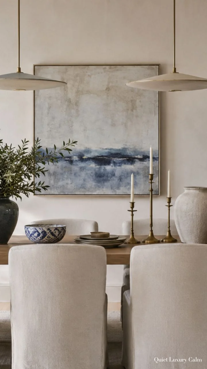 Refined Hamptons dining room with brass candlesticks, neutral upholstered chairs, abstract coastal artwork, and quiet luxury decor.